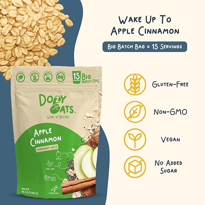 Dozy Oats Overnight Oatmeal 15-Serving Big Batch Bag. Gluten-Free Natural Source of Protein and Fiber Apple Cinnamon 750g Pack and Jar