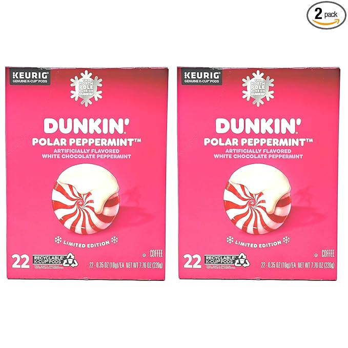 Dunkin Donuts Limited Edition Holiday Coffee K Cups - Polar Peppermint -2 Boxes - 44 Seasonal Kcup Pods For Keurig Coffee Makers