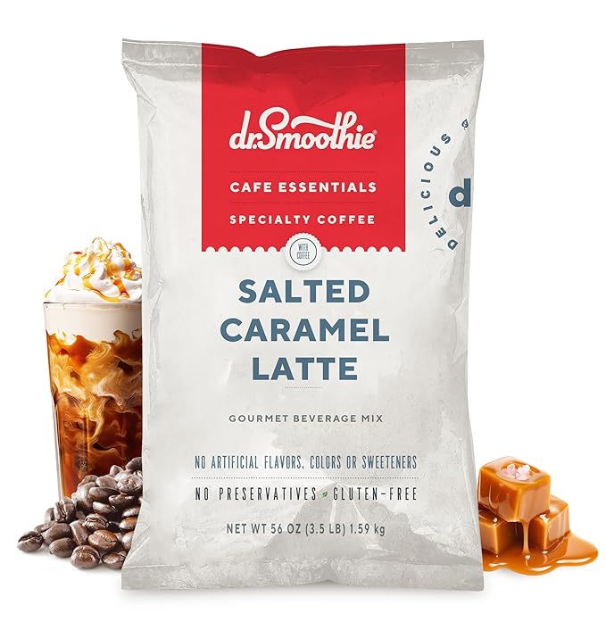 Dr. Smoothie Café Essentials Salted Caramel Latte – No Artificial Colors Flavors or Sweeteners – 20mg of Caffeine per Serving – Great for Hot Iced &amp Frozen Frappes (3.5 lb Bag 26 Servings)