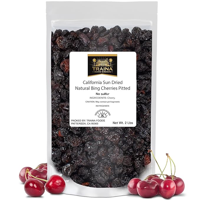 Traina Home Grown California Sun Dried Natural Pitted Cherries - Healthy Natural No Added Sugar Non GMO Gluten Free Kosher Certified Vegan Dark Red Packed in Resealable Pouch (2 lbs)