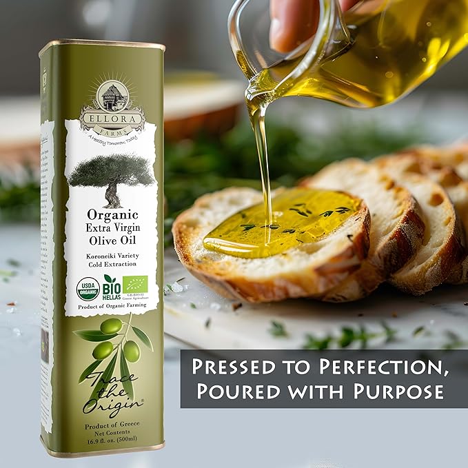 Ellora Farms Organic Extra Virgin Greek Olive Oil High in Phenols Cold Press Traceable Kosher 17 oz. tin Pack of 4