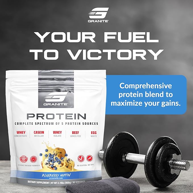 Granite Nutrition Protein Powder - Premium 5-Source Blend (Whey Casein Egg Grass-Fed Beef) for Lean Muscle and Recovery - Blueberry Muffin Flavor 30 Servings
