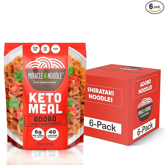 Miracle Noodle Ready to Eat Adobo Pasta 9.2 Oz (Pack of 6) Plant Based Shirataki Konjac Noodles 40 Calories 6g Net Carbs Per Serving Keto Gluten-Free