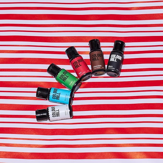 Colour Mill Aqua Blend Water-Based Food Coloring 20 Milliliter Holiday Pack Each of 6 Colors: White Sky Blue Green Black Chocolate and Red Holiday Pack 120.0 milliliters 4.06 Fl Oz