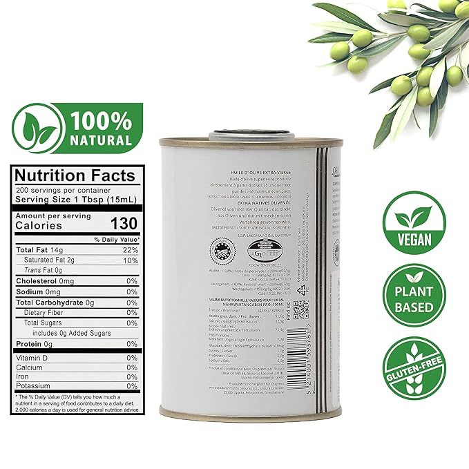 Pack of 2 Extra Virgin Olive Oil Tin Great Taste Cold Pressed Intense Flavor Contains Polyphenols Rich Olive Oil from the Land of Laconia 2X250ml Tin