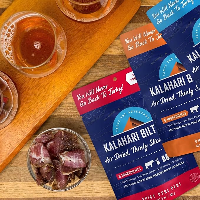 Kalahari Biltong Variety Pack – 4 Pack (Original Peri Peri Garlic Rosemary Truffle) – High Protein Low Carb Gluten Free Keto-Friendly Snack