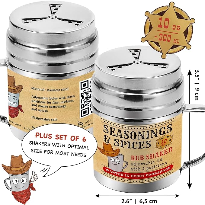 [6-pcs] 10 oz Seasonings Spice Shakers with Adjustable Fan-Style Lids and Handles + [1-pc] 10 oz Stainless Steel Salt Pepper Dredge Shaker with Plastic Cap and Handle Bundle