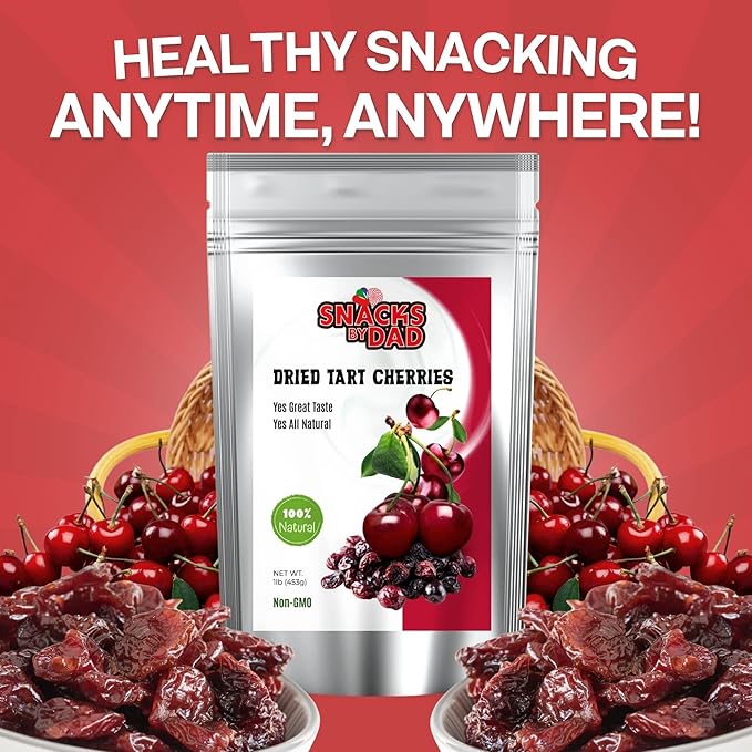 Dried Tart Cherries by Snacks by Dad | 1lb Natural Fruit Snack | Non-GMO No Preservatives | Great for Trail Mix Smoothies Baking and Gifting