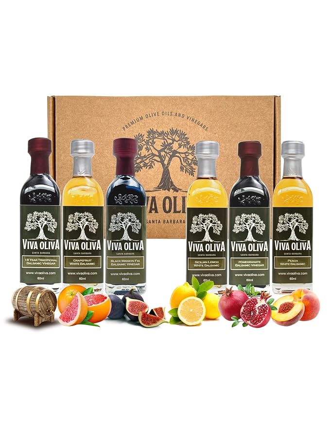 Viva Oliva Premium Aged Balsamic Vinegar Gift Set – 6-Bottle Variety Sampler (6 × 60ml / 2fl oz) – Barrel-Aged in Modena Italy Gluten Free No Added Sugar – Gourmet Food Gift for Home Chefs &amp En