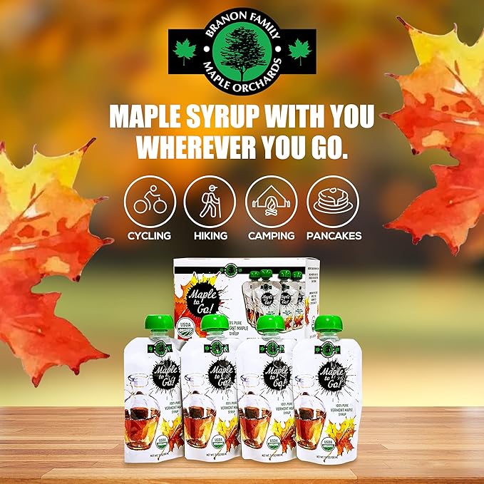 Maple to Go! - Pure Organic Vermont Maple Syrup Packets - Small Maple Syrup Bottles with Resealable Twist Cap| Ideal for Hiking Camping Traveling and Kitchen Use - Pack of 4