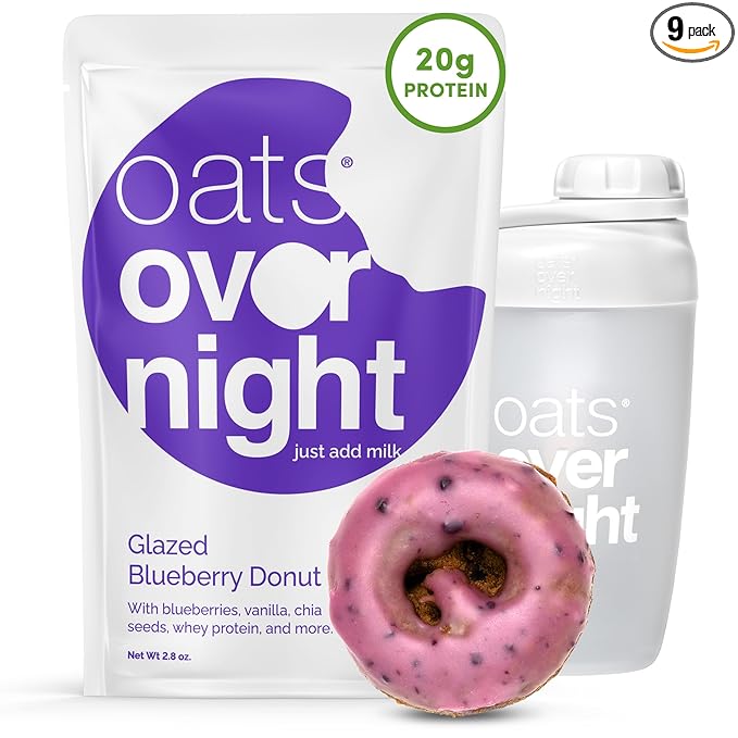 Oats Overnight Glazed Blueberry Donut - Overnight Oats with 20g Whey Protein High Fiber Breakfast Protein Shake - Gluten Free Oatmeal Non GMO High Protein Oatmeal (2.8 oz per Meal) (8 Pack + Bottle)