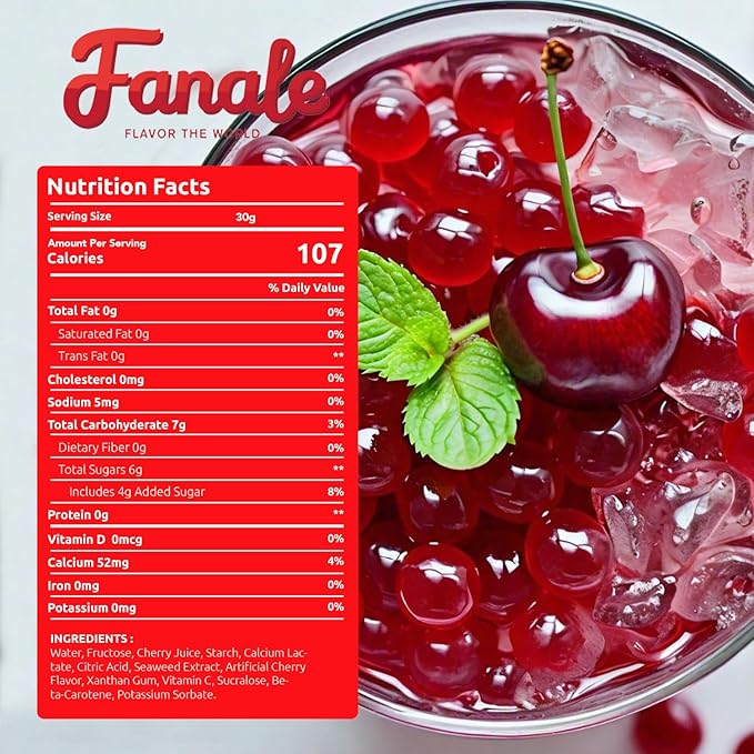 Fanale Cherry Popping Boba Pearls Vegan Non GMO Gluten Free Fat Free Perfect for Bubble Tea Smoothies Ice Cream Desserts and Beverages.