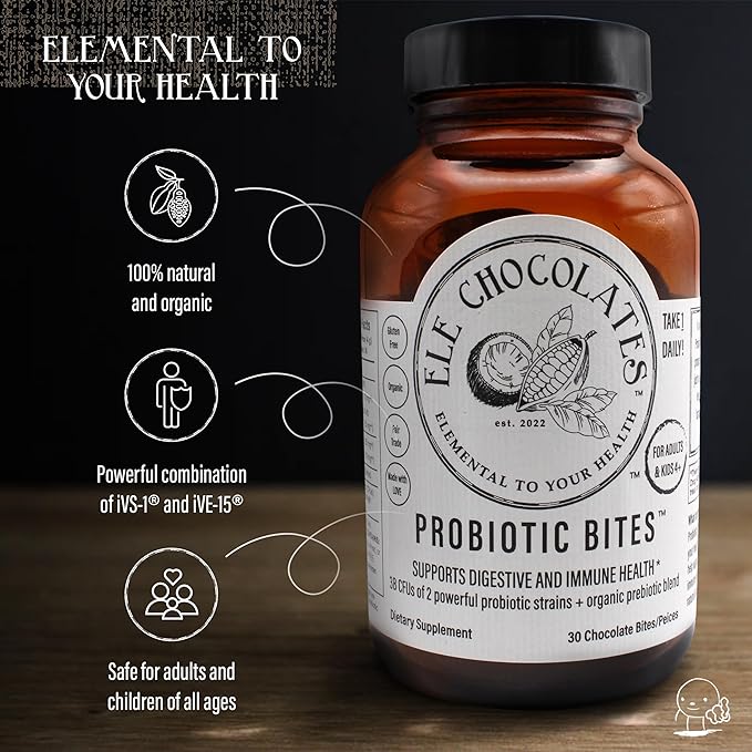 Dark Chocolate Daily Probiotic Supplement Bites 3 Billion CFUs for Digestive Gut Health Immune Support for Women Men and Kids 100% Natural and Organic Gluten-Free 2-Pack