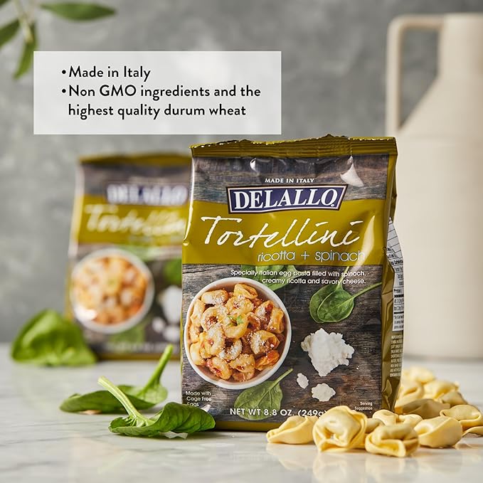 DeLallo Tortellini Pasta with Ricotta and Spinach Made in Italy Egg Pasta Non-GMO Tree Nut Free Peanut Free 8.8 oz Bag (12 Pack)