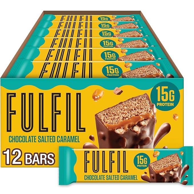 FULFIL Protein Snack Bars Chocolate Salted Caramel Flavored Gluten Free with 15g Protein Pantry Staples 12 Count