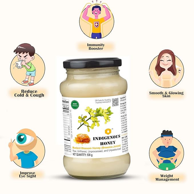 INDIGENOUS HONEY Crystallized Mustard Sarso Honey Raw Natural Pure Unprocessed NMR Tested Unpasteurized Unheated 530g Glass Jar Pack of 1
