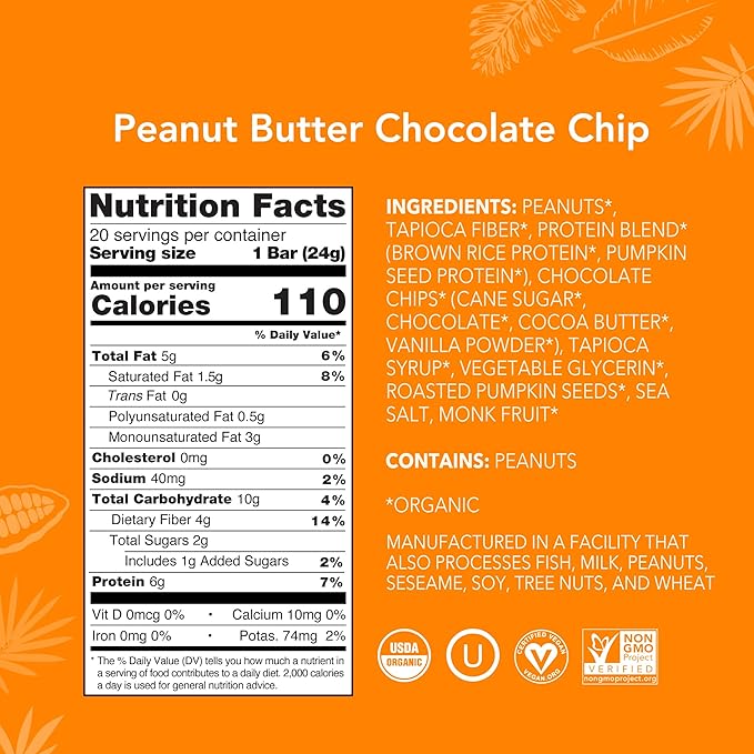 ALOHA Organic Plant Based Protein Bar MINIS |Peanut Butter Chocolate Chip | 20 Count 24g Bars | Vegan Low Sugar Gluten Free Low Carb Non-GMO Stevia Free Soy Free No Sugar Alcohols