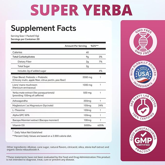 ZOOONE Super Yerba Mate tea Instant Powder 30 Packets- Raspberry Lemonade Flavor | Servings Clean Energy &amp Focus Boost Brain Fog Buster| Gut Support Antioxidants