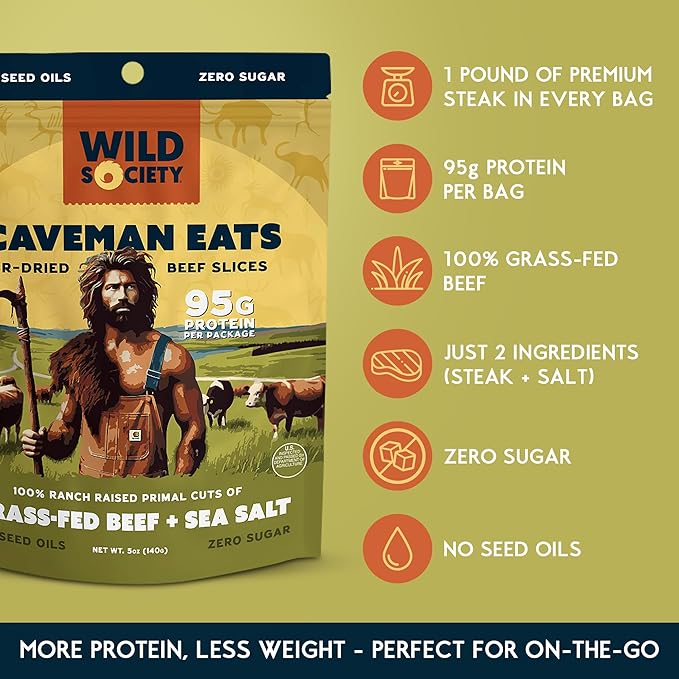 Wild Society - Caveman Eats - Grass Fed Ribeye Steak Slices - 95g Protein - Only Steak &amp Salt - 2 Ingredients - Air dried Beef Jerky Carnivore Snacks Crisps - Sugar Free Gluten Free Keto Paleo
