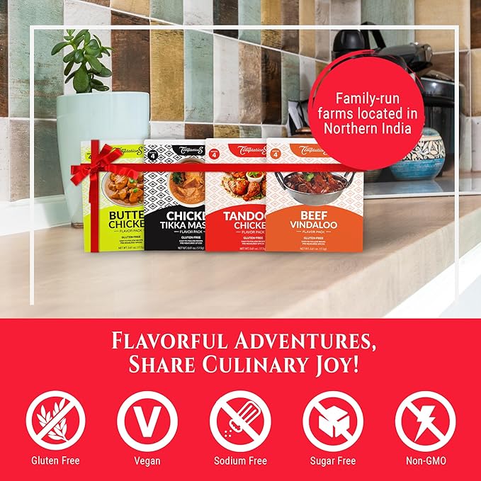 TIKKA MASALA BUTTER CHICKEN TANDOORI CHICKEN BEEF VINDALOO INDIAN FOOD SPICES Beginner Seasoning Set by Flavor Temptations. Gluten free Salt free. 4 Packs (Total 16 Servings)