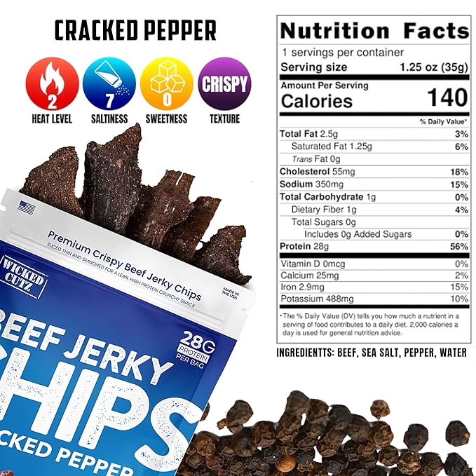 Wicked Cutz Jerky Chips Variety Pack Up to 28g Protein Per Bag Cracked Pepper Teriyaki Roasted Red Pepper &amp Korean BBQ Flavored Beef Jerky Crisps USA Made High Protein Carnivore Snacks (4 Ba