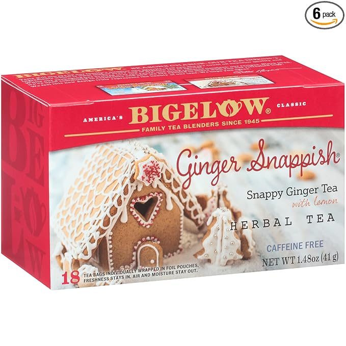 Bigelow Tea Ginger Snappish Herbal Tea Caffeine Free Tea with Ginger and Lemon Holiday and Christmas Tea 18 Count Box (Pack of 6) 108 Total Tea Bags