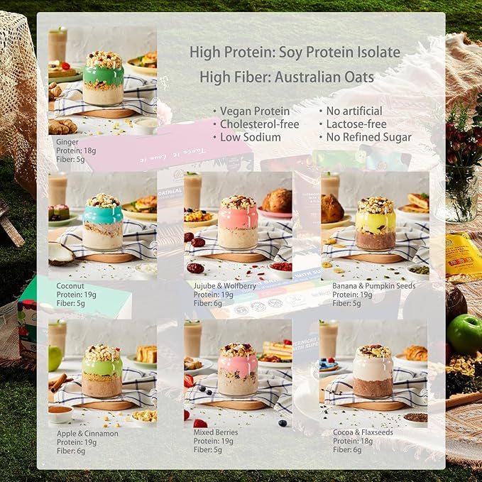 SUNGIVEN High Protein Overnight Oats Family Size Variety Pack - 7 Flavors Low Sugar Keto Instant Health Breakfast Oatmeals with Cinnamon Berries Ginger Pumpkin Seed Goji 28-Packs 74.1oz