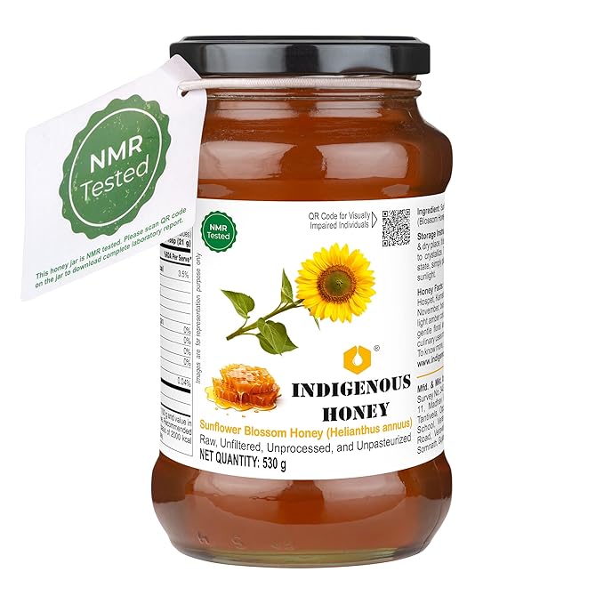 INDIGENOUS HONEY Sunflower Honey Raw Organic Natural Pure Unprocessed NMR Tested Unpasteurized Unheated 530g Glass Jar Pack of 1