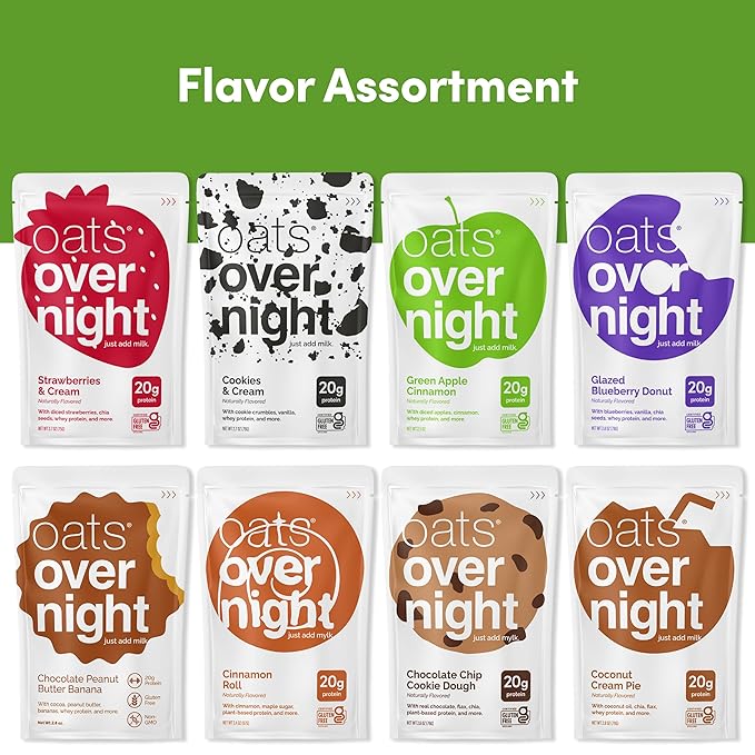 Oats Overnight Party Variety Pack - High Protein High Fiber Breakfast Protein Shake - Gluten Free Oatmeal Non GMO Oatmeal - Cookies &amp Cream Coconut Cream Pie &amp More Flavors (8 Pack + Shaker