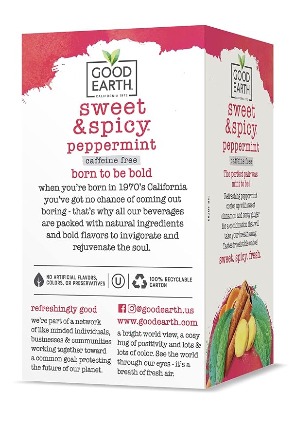 Good Earth Tea Sweet &amp Spicy Caffeine Free Peppermint Herbal Tea 18 Teabags (Pack of 6)