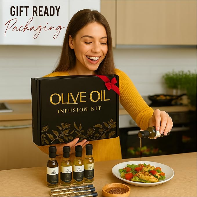 Infused Olive Oil Gift Set – Variety Pack - 4 Flavored Olive Oil Extra Virgin 3 Spice Flavorful Infusion Blends Bread Dipping Bowl &amp Recipe Booklet - Set of 8 – Gourmet Cooking Gifts for Women -
