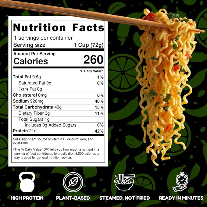 Power Noods High Protein Ramen Noodles - 12 or 6 Pack | Protein Ramen Cups for Lunch or Dinner | Better for You Plant-Based Instant Meal | Spicy Limon