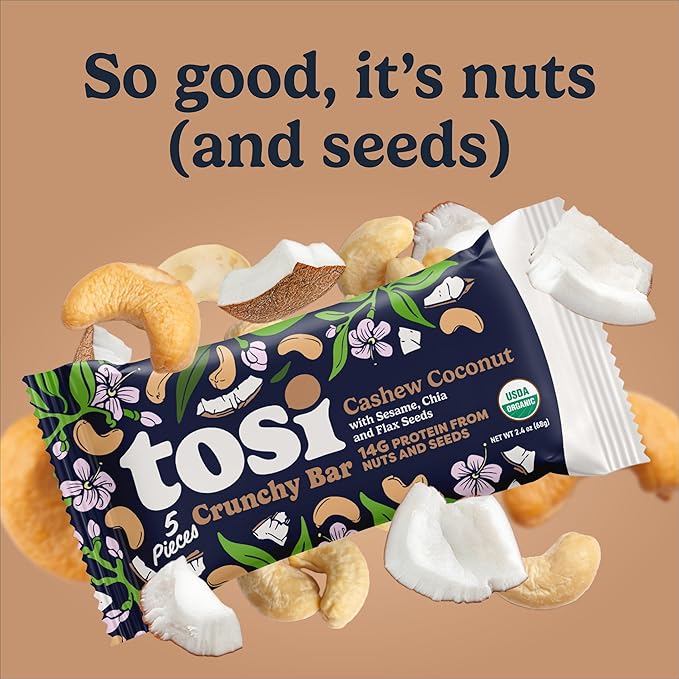 Tosi Meal Nut Bars Cashew Coconut Healthy Snacks for Adults &amp Kids Crunchy Plant Based Protein Bar (14G) Keto Snacks Vegan Gluten &amp Soy Free Low Sugar Omega 3s 2.4oz 12-Pack