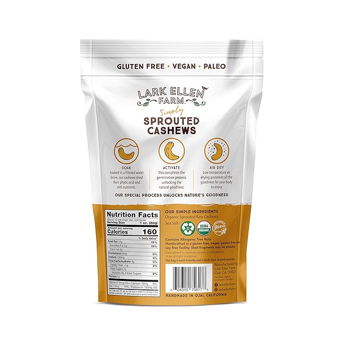 Lark Ellen Farm Sprouted Salted Cashews - Non GMO Healthy Keto Snacks Paleo Gluten Free Vegan Certified Organic Nut Sugar Free High Protein Kosher Low Glycemic 10 oz - 3 pack