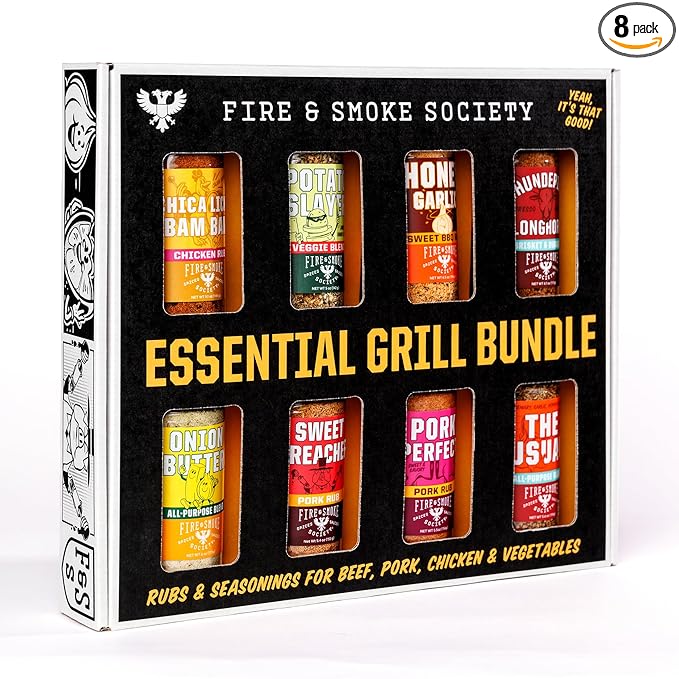 Fire &amp Smoke Society Essential Grill Variety Pack | BBQ Rubs and Seasonings Father's Day Gifts for Dad Mens Gifts | Steak Seasoning Chicken Burgers Pulled Pork | Large Spices Set (8-Pack)