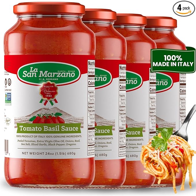 La San Marzano Tomato Basil Sauce 24 oz Pasta Sauce Made in Italy All Purpose Tomato Premium Quality All Natural Mediterranean Diet Non GMO Vegan Gluten Free