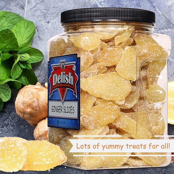 Crystallized Ginger Slices by It's Delish 2.2 Lb Jumbo Reusable Container | Candied Dried Ginger Fruit Chews Natural Candy Ginger Root with Sugar Crystals Unsulphured - Healthy Snack Vegan Kosher