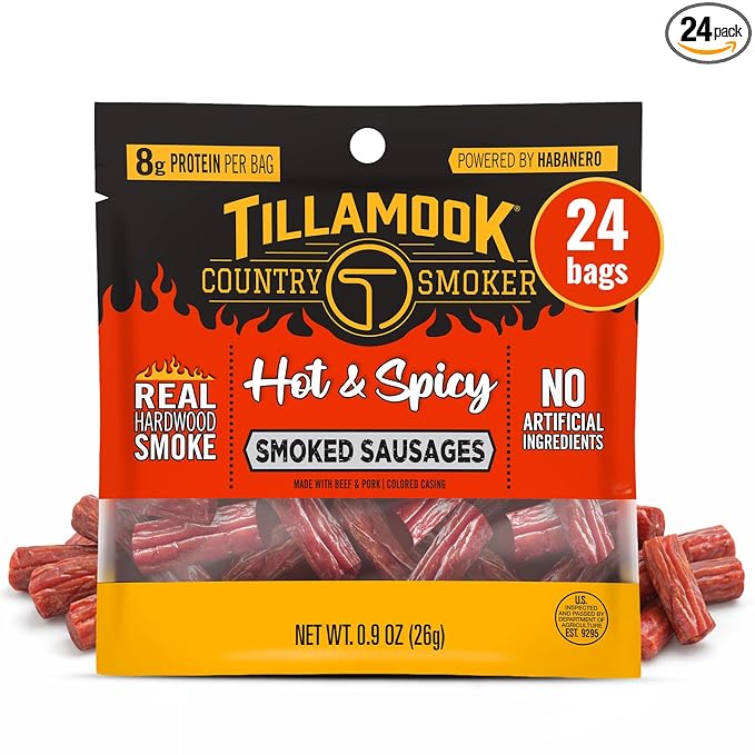 Tillamook Country Smoker Hot &amp Spicy Smoked Sausages 0.9 oz 24 Count Made with Beef &amp Pork Real Hardwood Smoked Protein-Packed Satisfying Taste On-the-Go Snacking