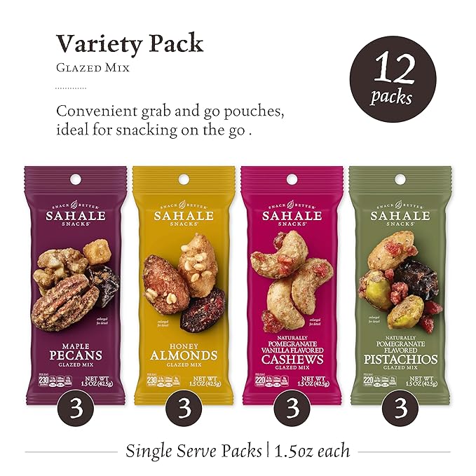 Sahale Snacks Glazed Mix Nut Blend Variety Pack 1.5 Oz Grab &amp Go Bags (12 Total Packs) - Four Different Dry-Roasted Deluxe Mixed Nuts Blends Included - Non-GMO Kosher &amp Certified Gluten-Free