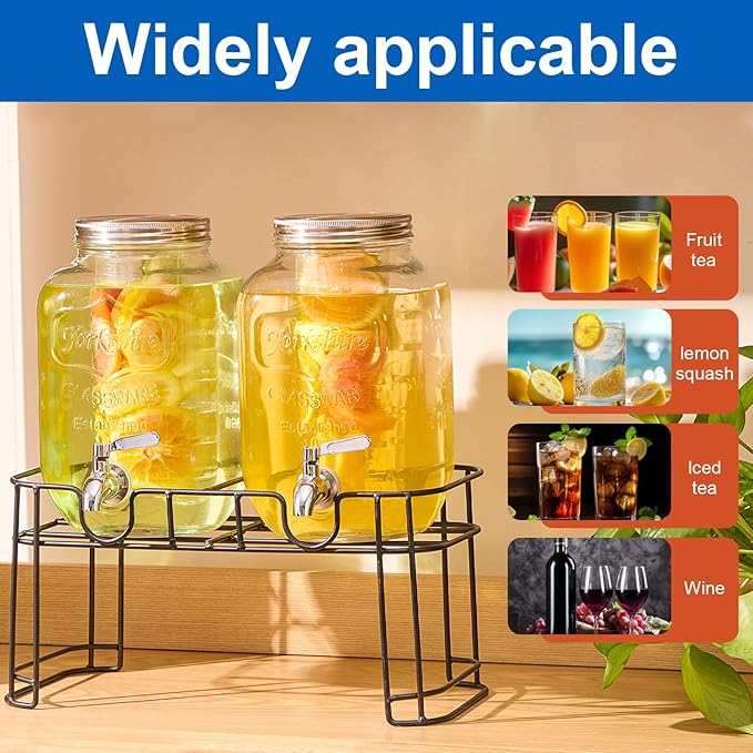 1 Gallon Glass Drink Dispensers for Parties 2PACK Beverage Dispenser with Stand Fruit Infuser and Stainless Steel Spigot 100% Leakproof Beverage Dispenser for Lemonade Sun Tea