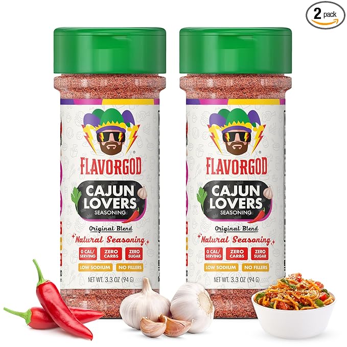 Flavor God 2 Bottles Cajun Lovers Seasoning Mix Natural Healthy Spice Blend For Grilling Chicken Beef Seafood Vegetables Salad Tacos &amp Pizza Kosher Gluten &amp Dairy Free Vegan Keto Frien