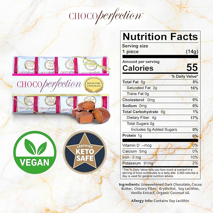 ChocoPerfection Sugar Free Dark Chocolate Truffles - Keto-Friendly Gluten-Free and Dairy-Free - Low Glycemic Fiber-Rich &amp Vegan - European Taste with Multiple Flavors - 55 calories 14g per Truf