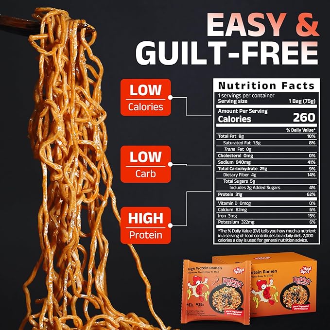 Healspot High Protein Spicy Buldak Noodles Dry Tossed Ramen 30g Plant-Based Protein Low Fat Low Carb Non GMO Keto Friendly &amp Plant Based (6 packs)