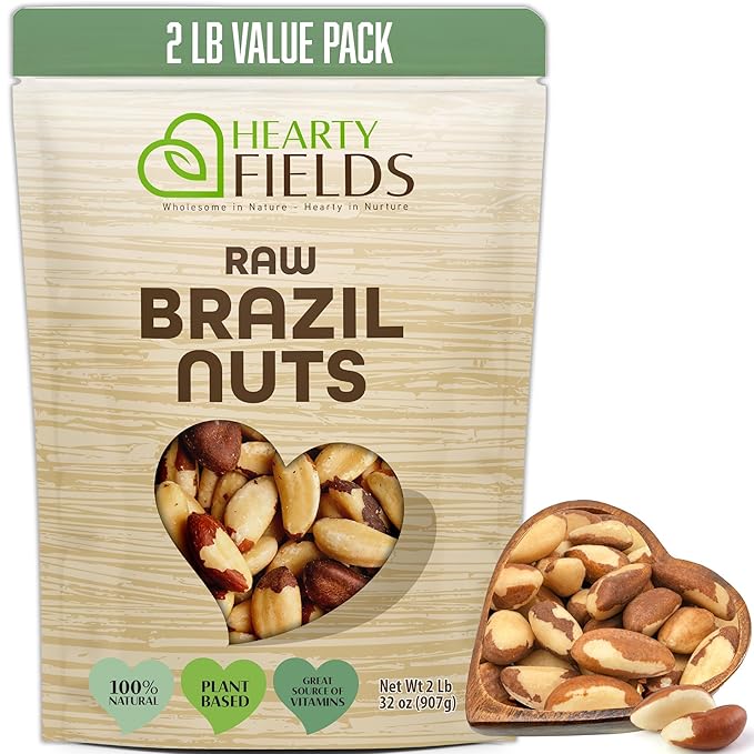 Hearty Fields - Raw Brazil Nuts Unsalted No Shell Whole (32 Oz - 2 LB) Wholesome In Nature - Hearty In Nurture Healthy Protein Food Snack Food Assortments