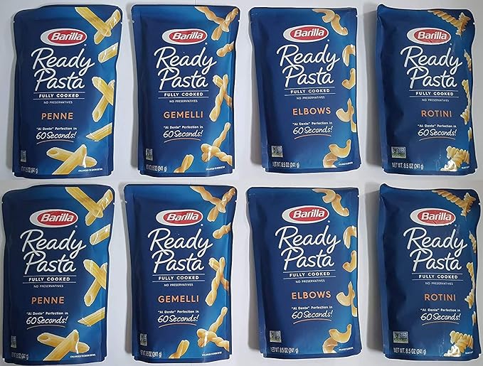 8-pack Variety Barilla Ready Pasta: 2 pouches each of Rotini Penne Elbows and Gemelli [2020]