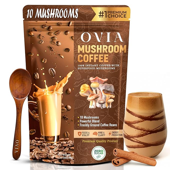 OVIA Natural 10 Mushroom Coffee with 3500mg for Weight Management Focus &amp Gut Health - Daily Dose Ten Mushroom Coffee for Clean Energy - Low Caffeine Adaptogenic Instant Coffee with Lion’s ManeC