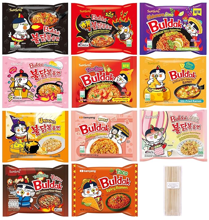 Samyang Spicy Hot Chicken Ramen 11 Flavor Variety Pack - FREE Chopsticks - Korean Buldak Ramen Noodles (11 Pack)