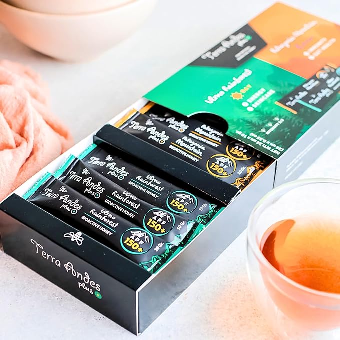 Organic Raw Honey Sachets 24 units by Terra Andes Plus - Ideal for Travel Sports Superfood Snacks and On-the-Go Daily Wellness - Ulmo Rainforest / Patagonia Mountain APF 150 - raw honey organic unfi