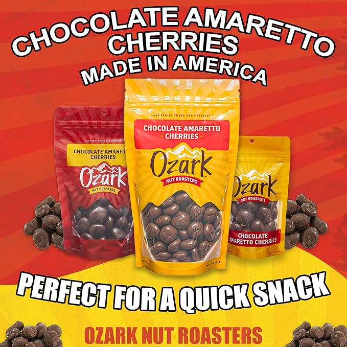 OZARK NUT ROASTERS Chocolate Amaretto Cherries Chocolate-Flavored Cherry Snacks World-Class Gourmet Milk Chocolate Coated Cherries Resealable Pack (14 oz)