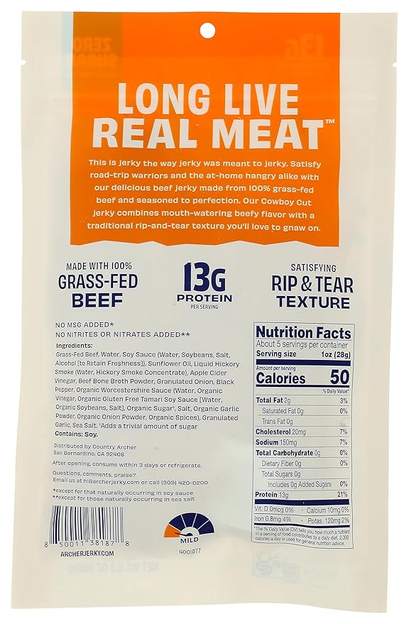 Zero Sugar Classic Beef Jerky by Country Archer 100% Grass-Fed Sugar Free Gluten Free Protein Snacks 5.3 Ounce 2 Pack